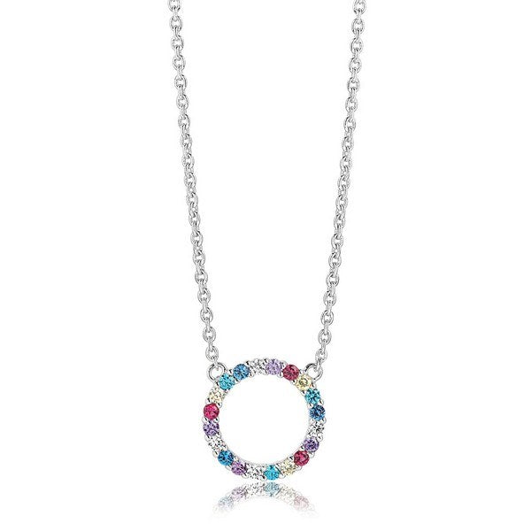 Biella Grande halskæde fra Sif Jakobs i rhodineret sterlingsølv med cirkelvedhæng på Ø13 mm dekoreret med pastelfarvede zirkoner, 42+3 cm.